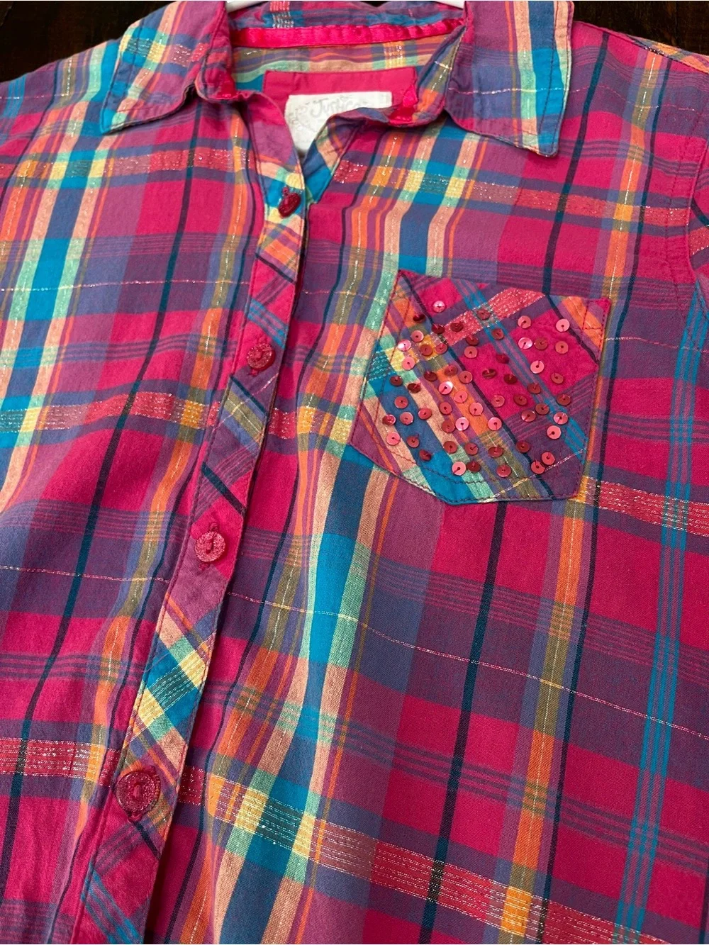 Justice Girls Plaid Button-up Shirt Y2K Sequin Pocket 99%Cotton